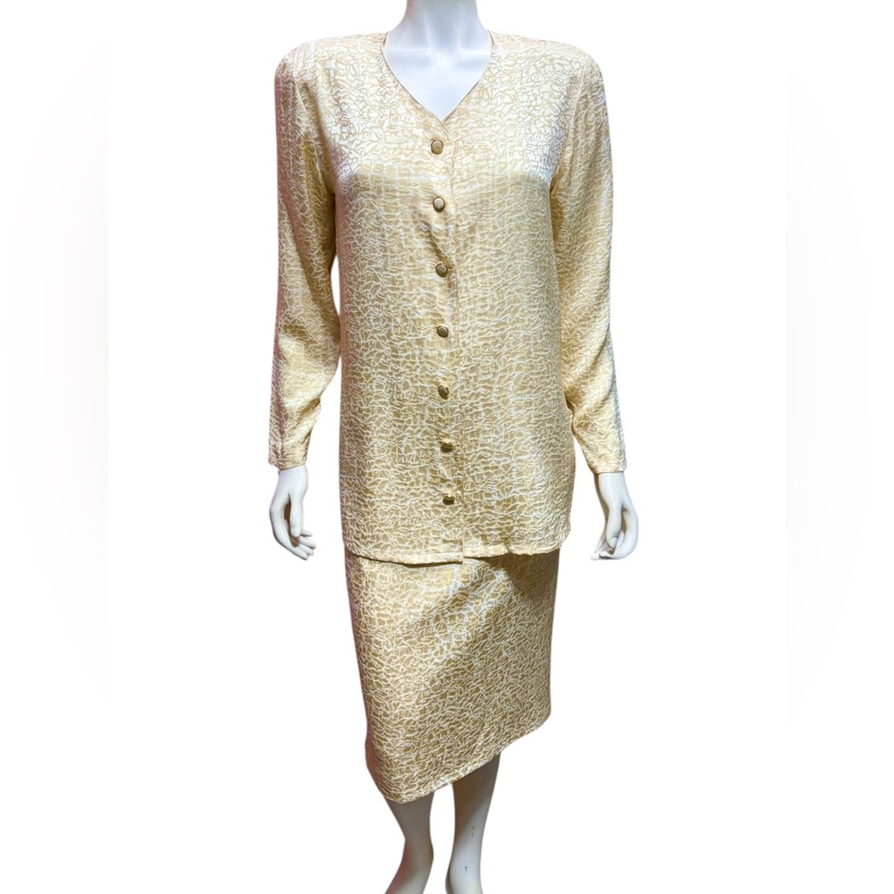 Vintage 100% Silk Neiman Marcus Robert James Skirt Suit Gold Button Front Size 4